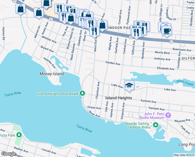 map of restaurants, bars, coffee shops, grocery stores, and more near 7 Lake Avenue in Island Heights