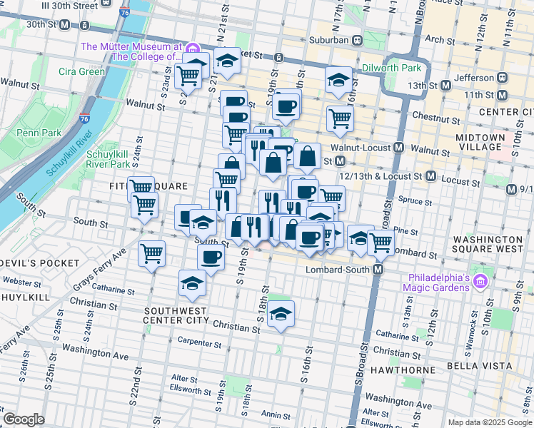 map of restaurants, bars, coffee shops, grocery stores, and more near 1814 Pine Street in Philadelphia