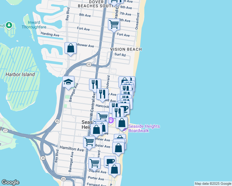 map of restaurants, bars, coffee shops, grocery stores, and more near 41 Carteret Avenue in Seaside Heights