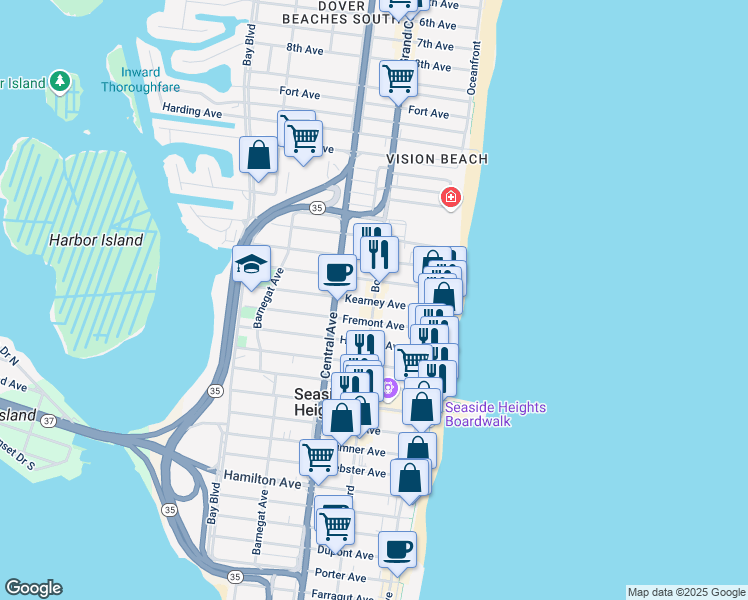map of restaurants, bars, coffee shops, grocery stores, and more near 1301 Ocean Boulevard in Seaside Heights