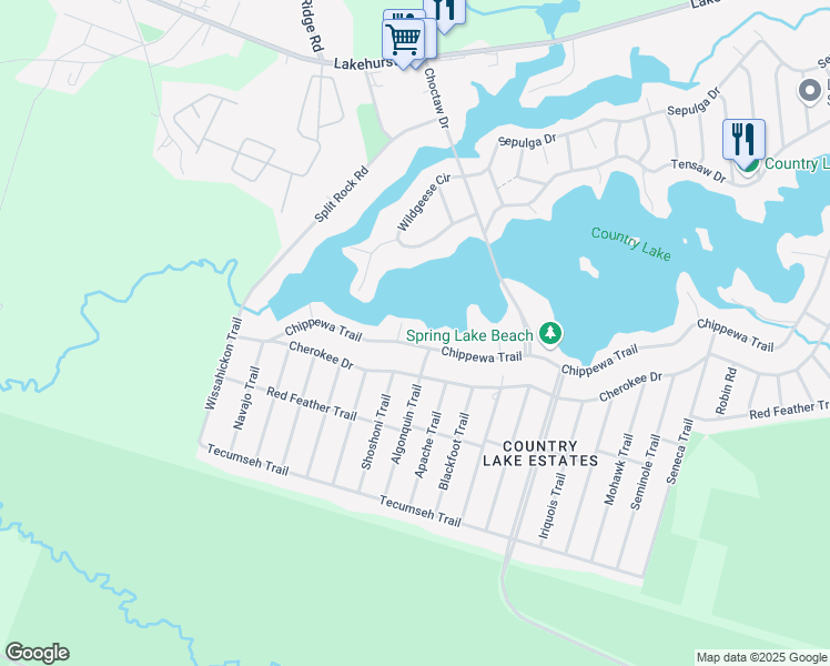 map of restaurants, bars, coffee shops, grocery stores, and more near 103 Chippewa Trail in Pemberton Township