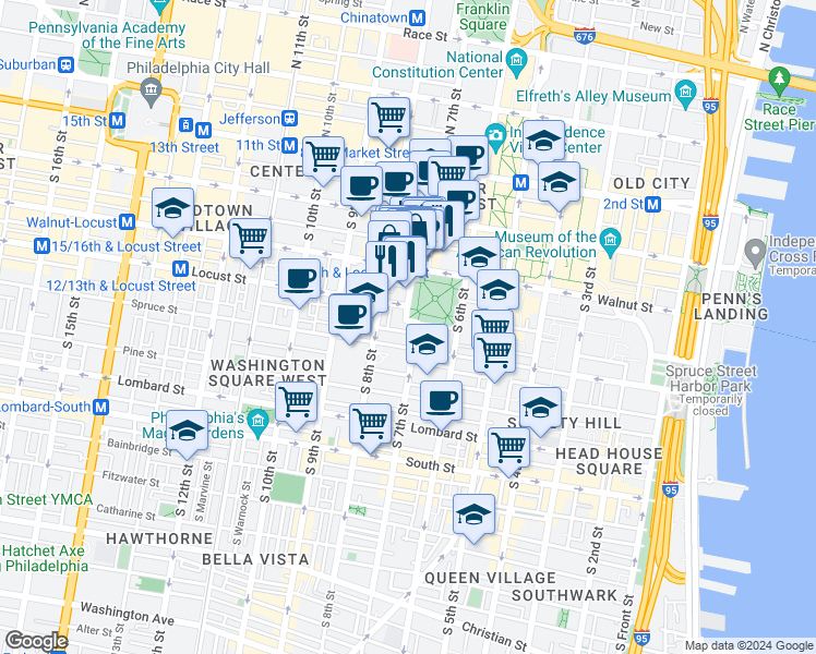 map of restaurants, bars, coffee shops, grocery stores, and more near in Philadelphia