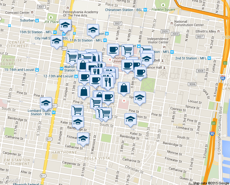 map of restaurants, bars, coffee shops, grocery stores, and more near in Philadelphia