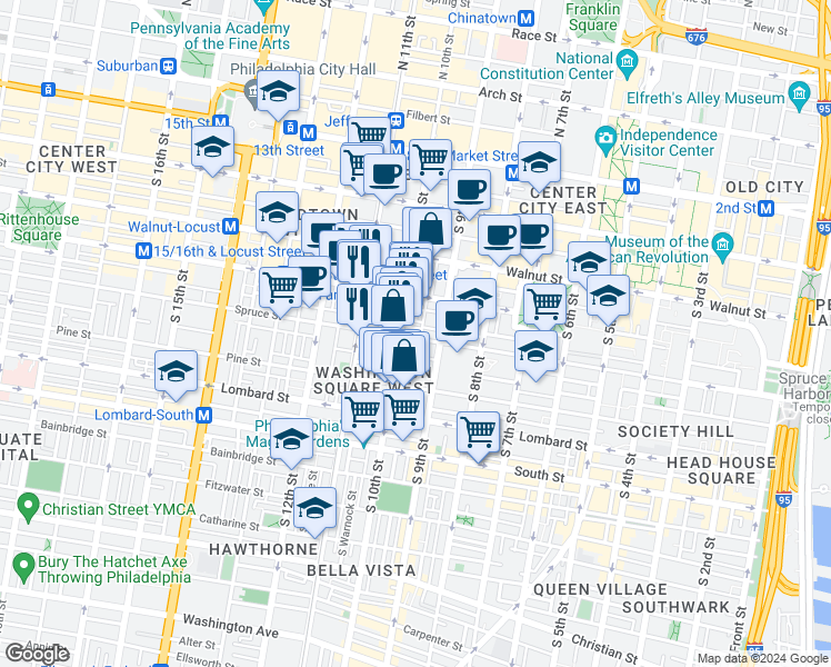 map of restaurants, bars, coffee shops, grocery stores, and more near in Philadelphia