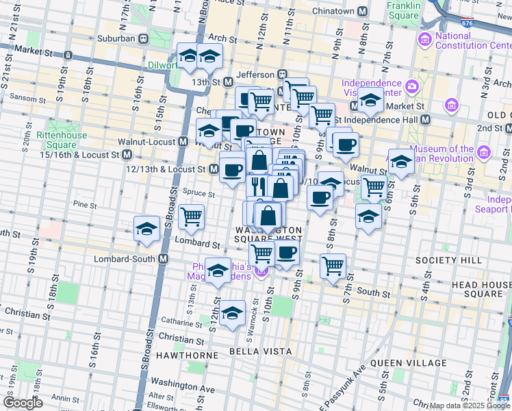 map of restaurants, bars, coffee shops, grocery stores, and more near 1029 Spruce Street in Philadelphia