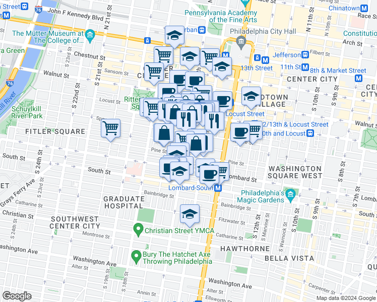 map of restaurants, bars, coffee shops, grocery stores, and more near 325 South 16th Street in Philadelphia