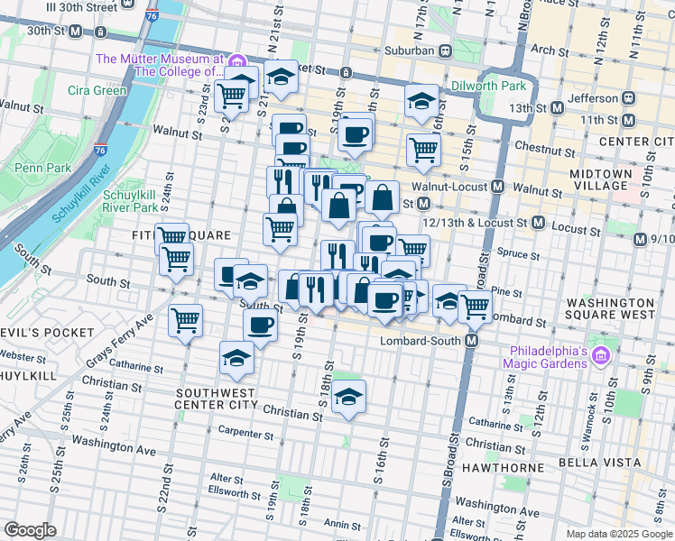map of restaurants, bars, coffee shops, grocery stores, and more near 1826 Pine Street in Philadelphia