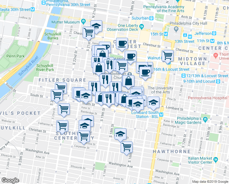 map of restaurants, bars, coffee shops, grocery stores, and more near 1826 Pine Street in Philadelphia