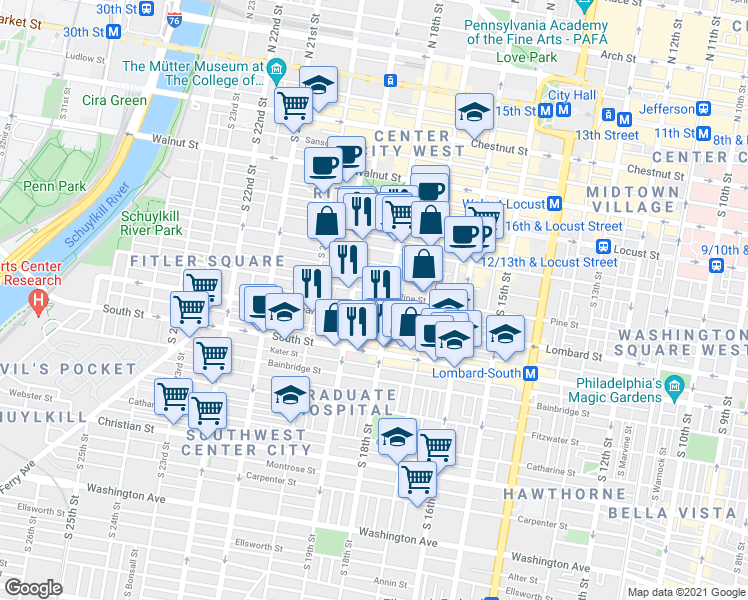 map of restaurants, bars, coffee shops, grocery stores, and more near 1826 Pine Street in Philadelphia