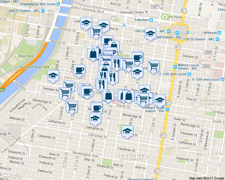 map of restaurants, bars, coffee shops, grocery stores, and more near 1920 Pine Street in Philadelphia