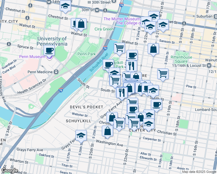 map of restaurants, bars, coffee shops, grocery stores, and more near 2522 Naudain Street in Philadelphia