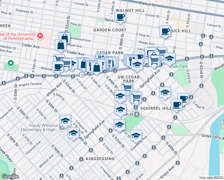map of restaurants, bars, coffee shops, grocery stores, and more near 817 South Saint Bernard Street in Philadelphia