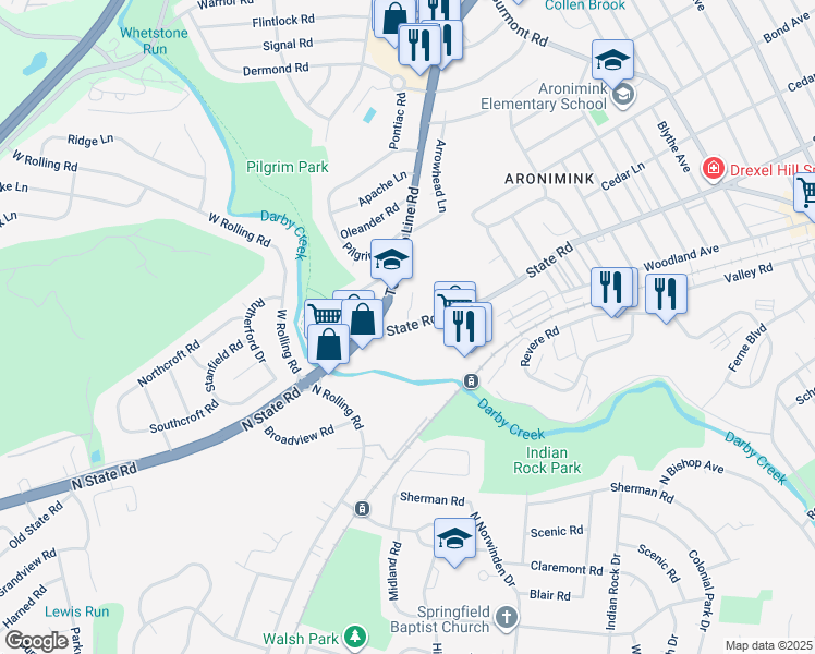 map of restaurants, bars, coffee shops, grocery stores, and more near in Drexel Hill