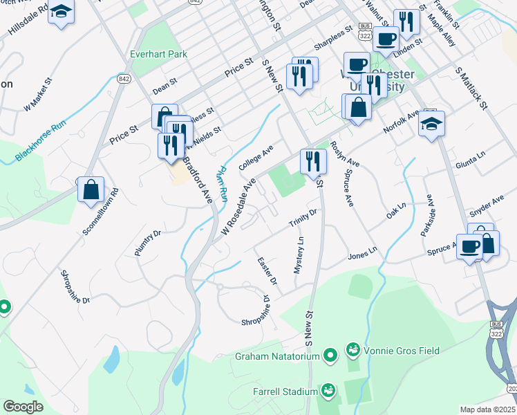 map of restaurants, bars, coffee shops, grocery stores, and more near 500 West Rosedale Avenue in West Chester