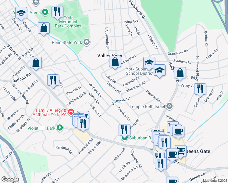 map of restaurants, bars, coffee shops, grocery stores, and more near 1612 Crestlyn Road in York