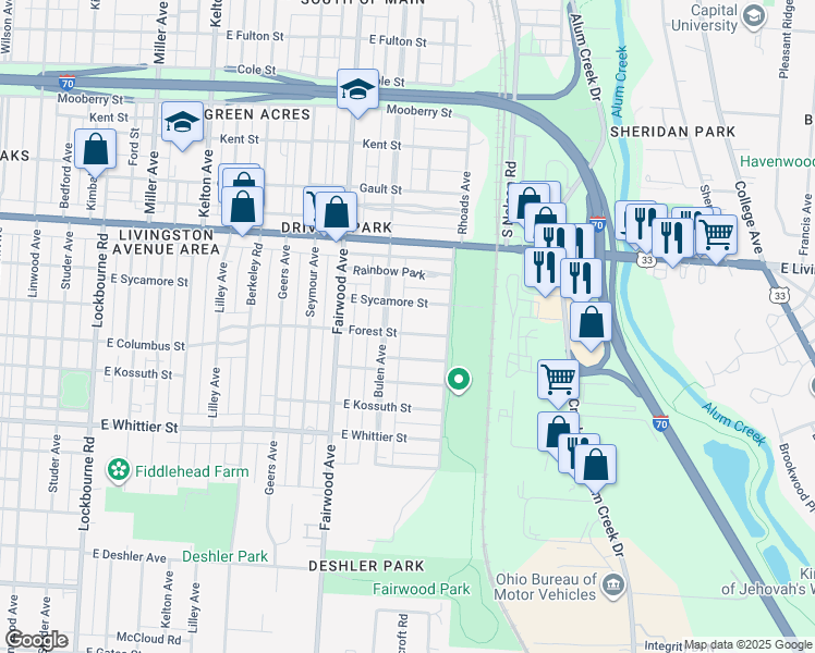 map of restaurants, bars, coffee shops, grocery stores, and more near 1008 Bulen Avenue in Columbus