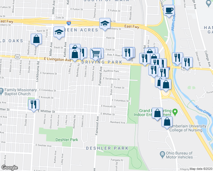 map of restaurants, bars, coffee shops, grocery stores, and more near 1650 Forest Street in Columbus