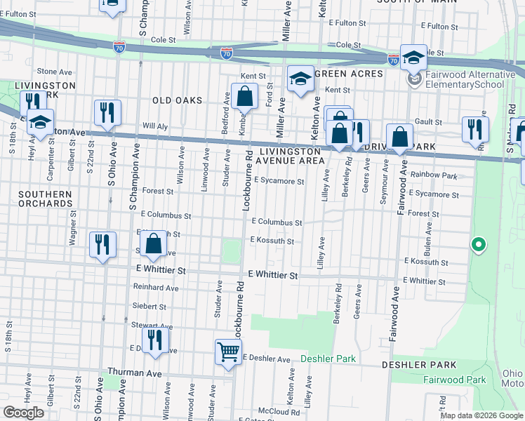 map of restaurants, bars, coffee shops, grocery stores, and more near 962 Miller Avenue in Columbus