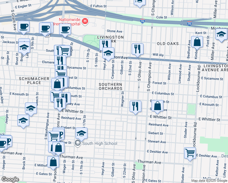 map of restaurants, bars, coffee shops, grocery stores, and more near in Columbus