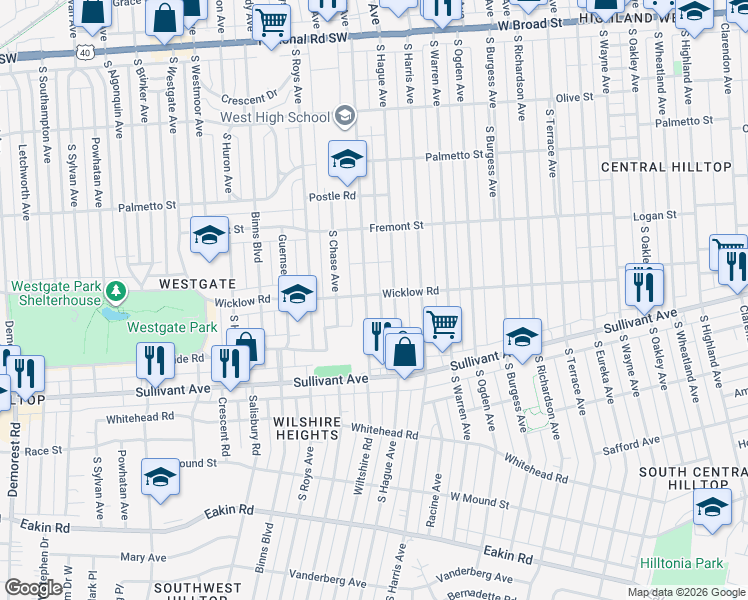 map of restaurants, bars, coffee shops, grocery stores, and more near 406 South Powell Avenue in Columbus