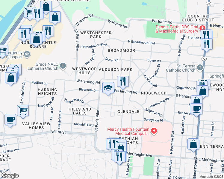 map of restaurants, bars, coffee shops, grocery stores, and more near 444 West Harding Road in Springfield