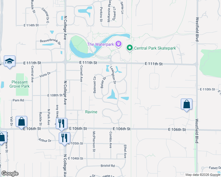 map of restaurants, bars, coffee shops, grocery stores, and more near 10778 Lexington Drive in Indianapolis