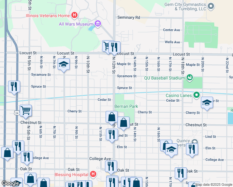 map of restaurants, bars, coffee shops, grocery stores, and more near 1232 North 12th Street in Quincy