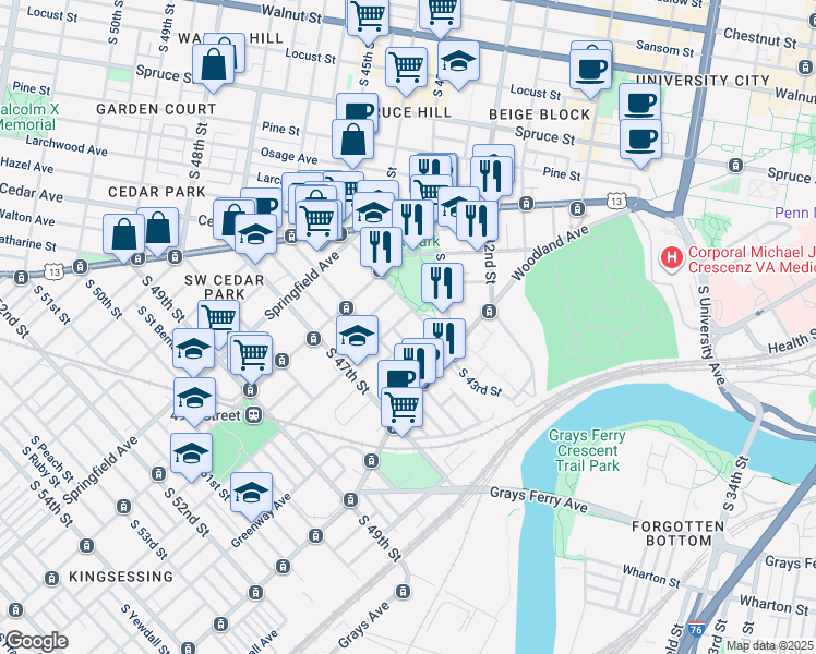 map of restaurants, bars, coffee shops, grocery stores, and more near 4506 Kingsessing Avenue in Philadelphia