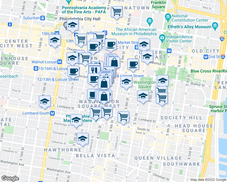 map of restaurants, bars, coffee shops, grocery stores, and more near 915 Spruce Street in Philadelphia