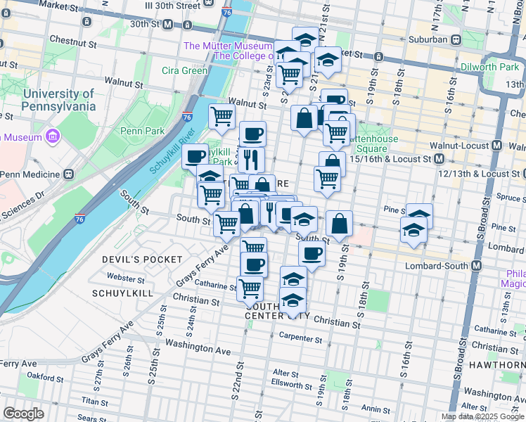map of restaurants, bars, coffee shops, grocery stores, and more near 500 South 22nd Street in Philadelphia