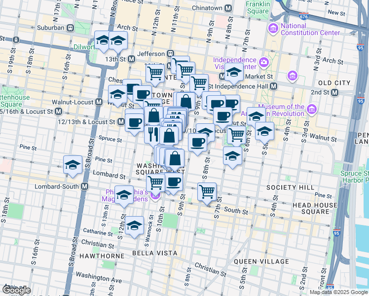 map of restaurants, bars, coffee shops, grocery stores, and more near 915 Spruce Street in Philadelphia