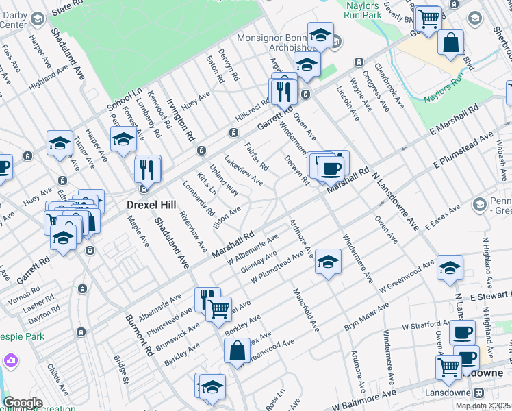 map of restaurants, bars, coffee shops, grocery stores, and more near 2619 Eldon Avenue in Drexel Hill