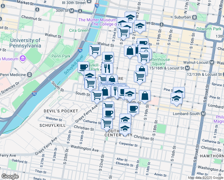 map of restaurants, bars, coffee shops, grocery stores, and more near 500 South 22nd Street in Philadelphia
