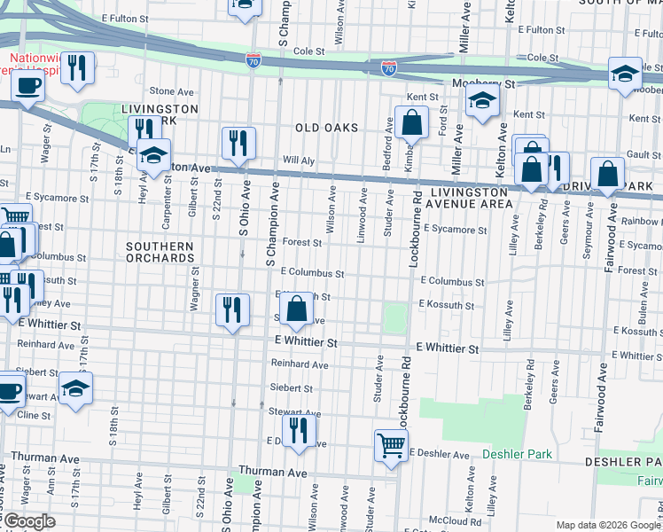map of restaurants, bars, coffee shops, grocery stores, and more near 931 Wilson Avenue in Columbus