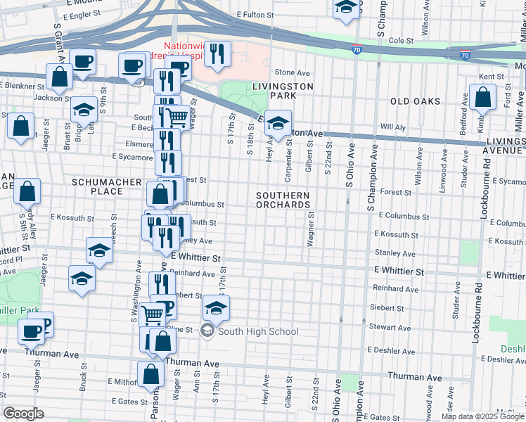 map of restaurants, bars, coffee shops, grocery stores, and more near 873 Heyl Avenue in Columbus