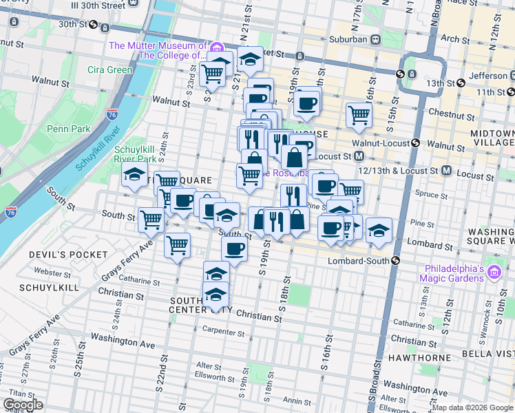map of restaurants, bars, coffee shops, grocery stores, and more near 1920 Pine Street in Philadelphia