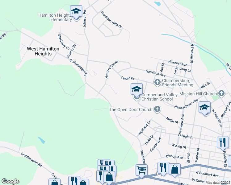 map of restaurants, bars, coffee shops, grocery stores, and more near 811 Burdock Ct in Chambersburg