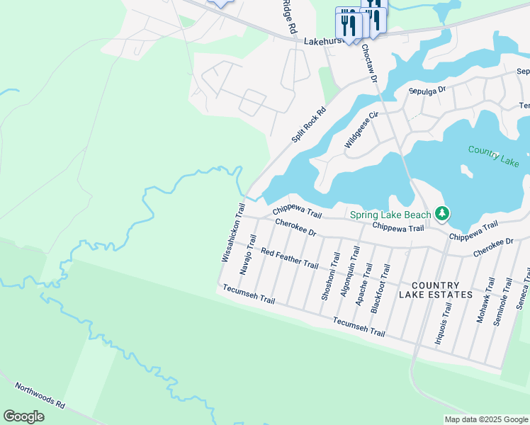 map of restaurants, bars, coffee shops, grocery stores, and more near 9 Chippewa Trail in Country Lake Estates