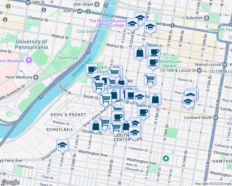 map of restaurants, bars, coffee shops, grocery stores, and more near 2222 Lombard Street in Philadelphia