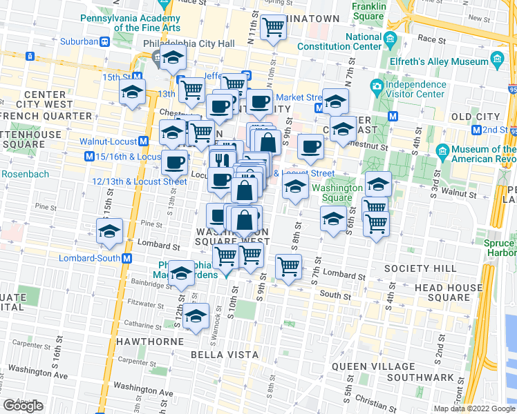 map of restaurants, bars, coffee shops, grocery stores, and more near 927 Spruce Street in Philadelphia