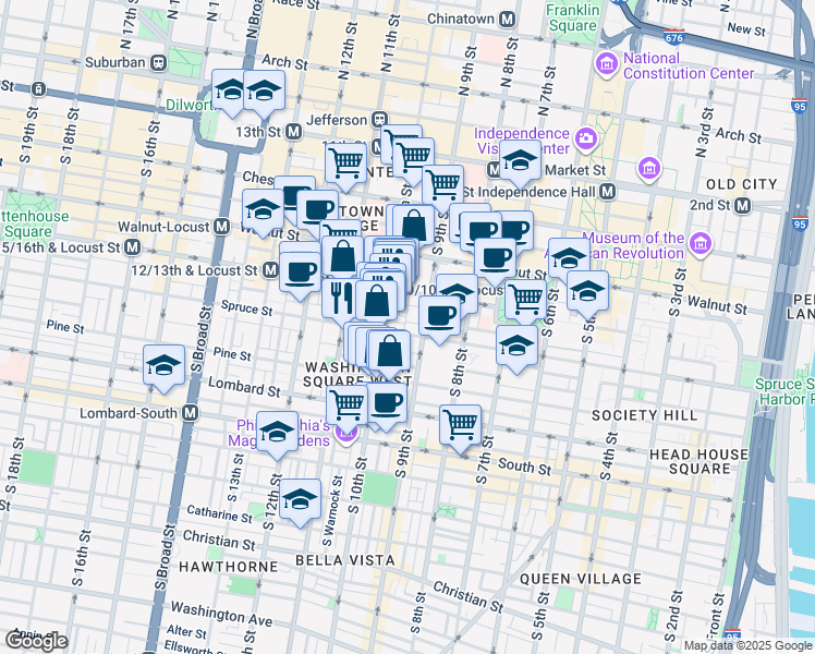 map of restaurants, bars, coffee shops, grocery stores, and more near 259 South Hutchinson Street in Philadelphia