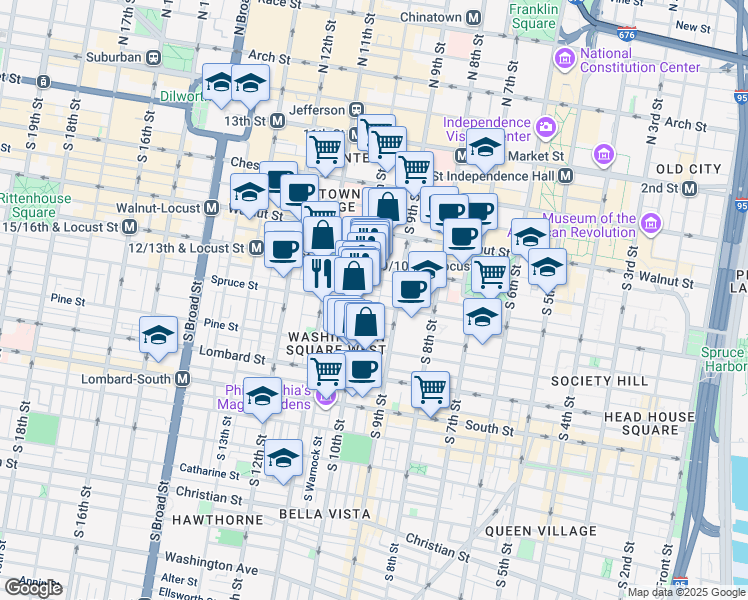 map of restaurants, bars, coffee shops, grocery stores, and more near 927 Spruce Street in Philadelphia