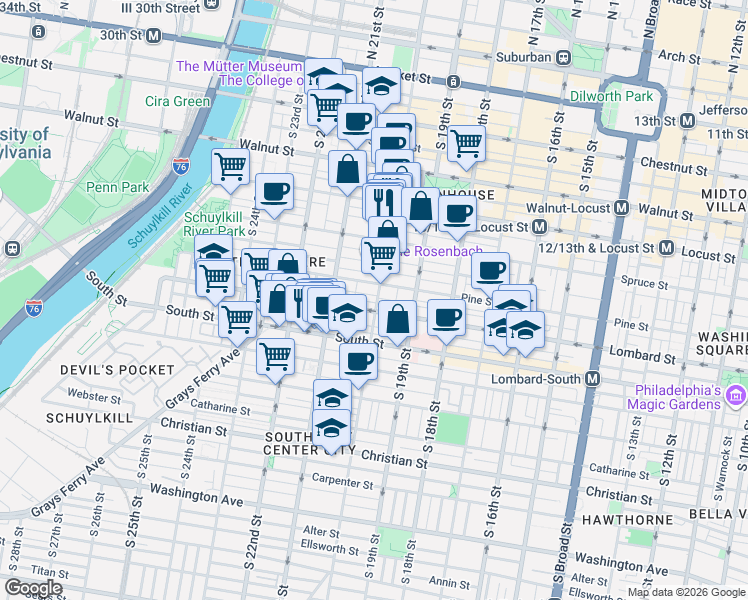 map of restaurants, bars, coffee shops, grocery stores, and more near in Philadelphia