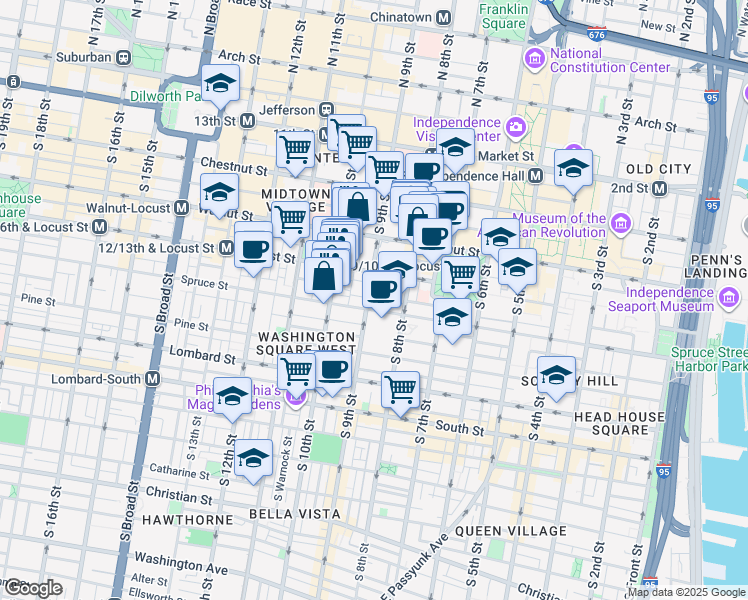 map of restaurants, bars, coffee shops, grocery stores, and more near 259 South 9th Street in Philadelphia