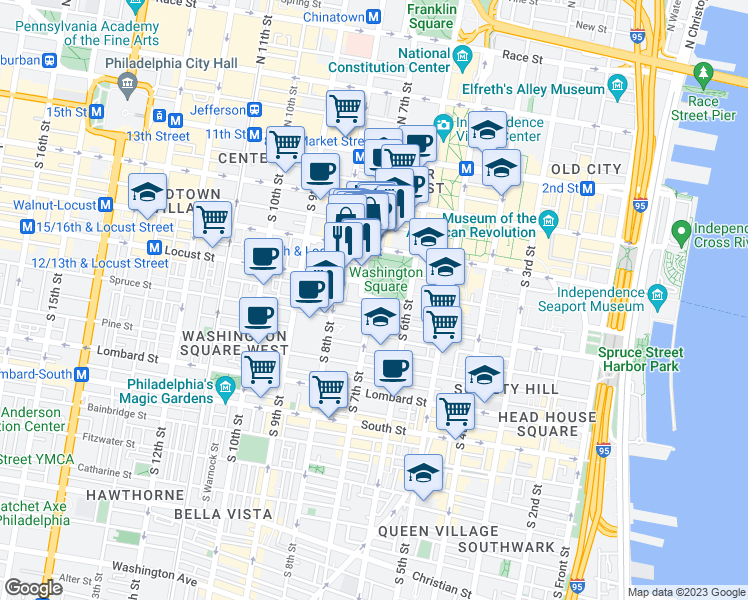 map of restaurants, bars, coffee shops, grocery stores, and more near 201 South 7th Street in Philadelphia