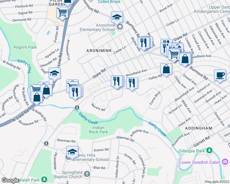 map of restaurants, bars, coffee shops, grocery stores, and more near 4806 Drexelbrook Dr in Drexel Hill