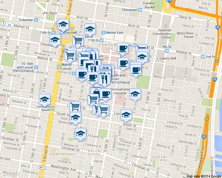 map of restaurants, bars, coffee shops, grocery stores, and more near 259 South Hutchinson Street in Philadelphia