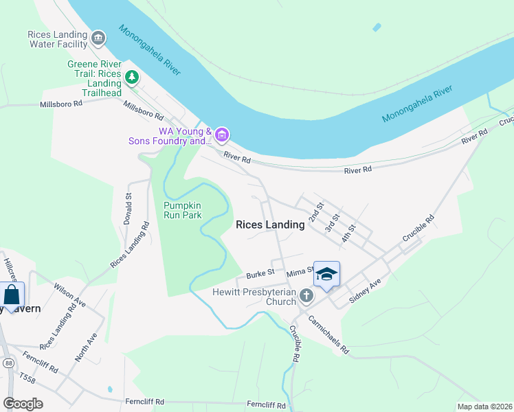 map of restaurants, bars, coffee shops, grocery stores, and more near 122 Kolat Lane in Rices Landing