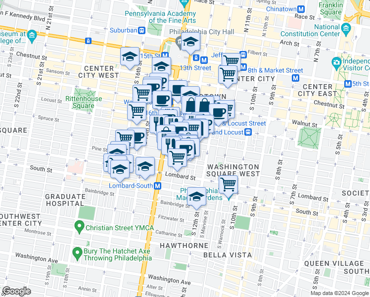 map of restaurants, bars, coffee shops, grocery stores, and more near 306 South 13th Street in Philadelphia