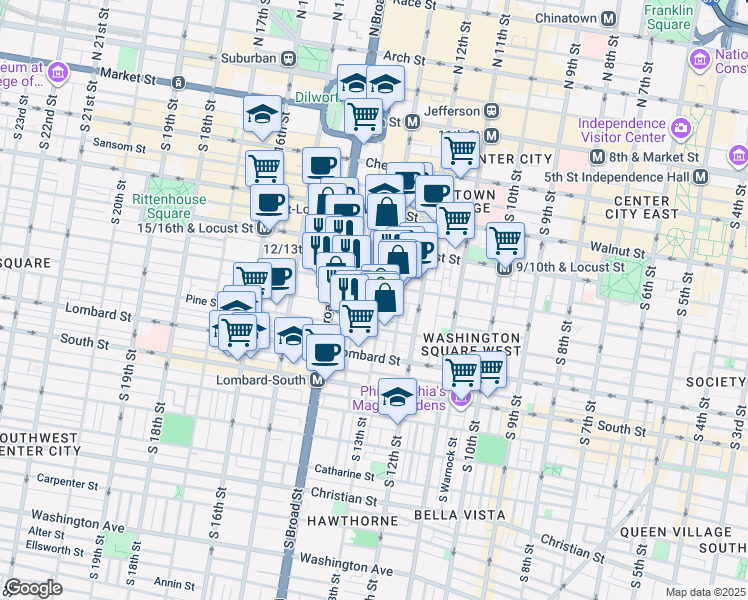 map of restaurants, bars, coffee shops, grocery stores, and more near 306 South 13th Street in Philadelphia